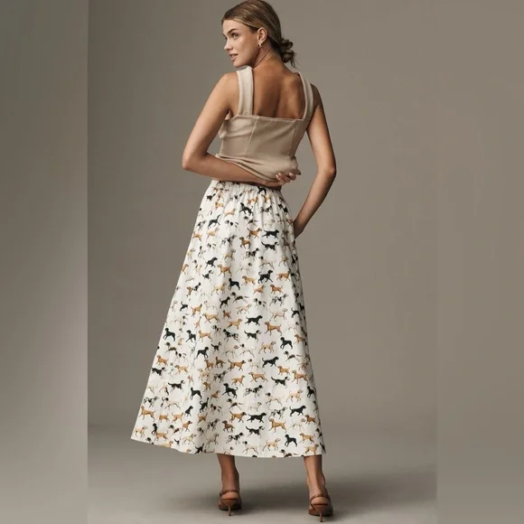 Anthropologie The Jacie Poplin Printed Maxi Skirt by Maeve - White Dog Print - Picture 2 of 5